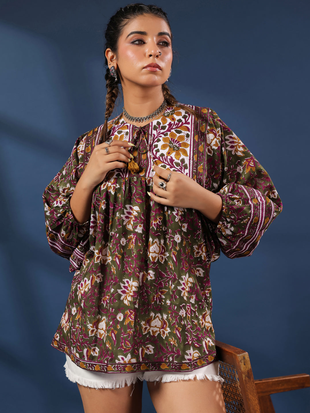 DarkGreen Handblock Printed Boho Volume Sleeves Top