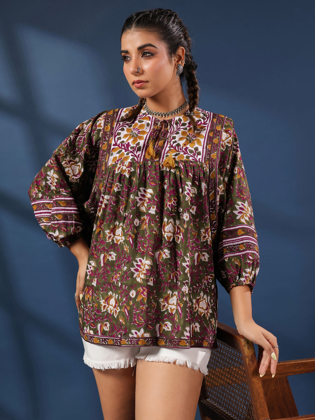 DarkGreen Handblock Printed Boho Volume Sleeves Top