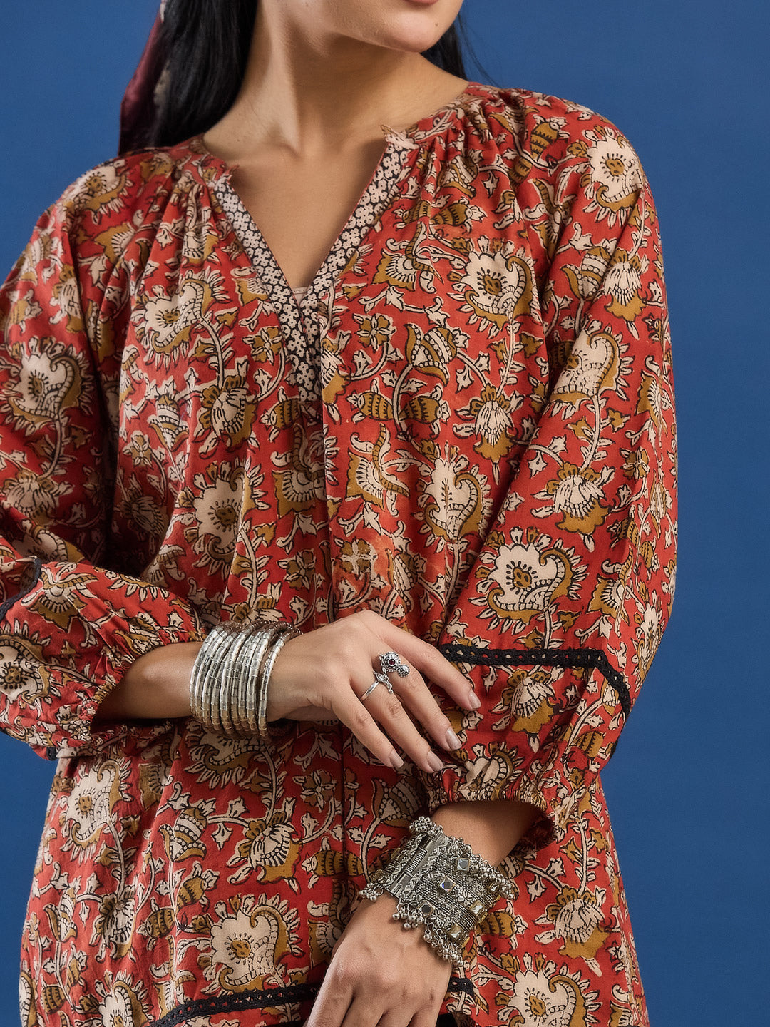Red Floral Handblock Printed Cotton Top with Lace Detailing