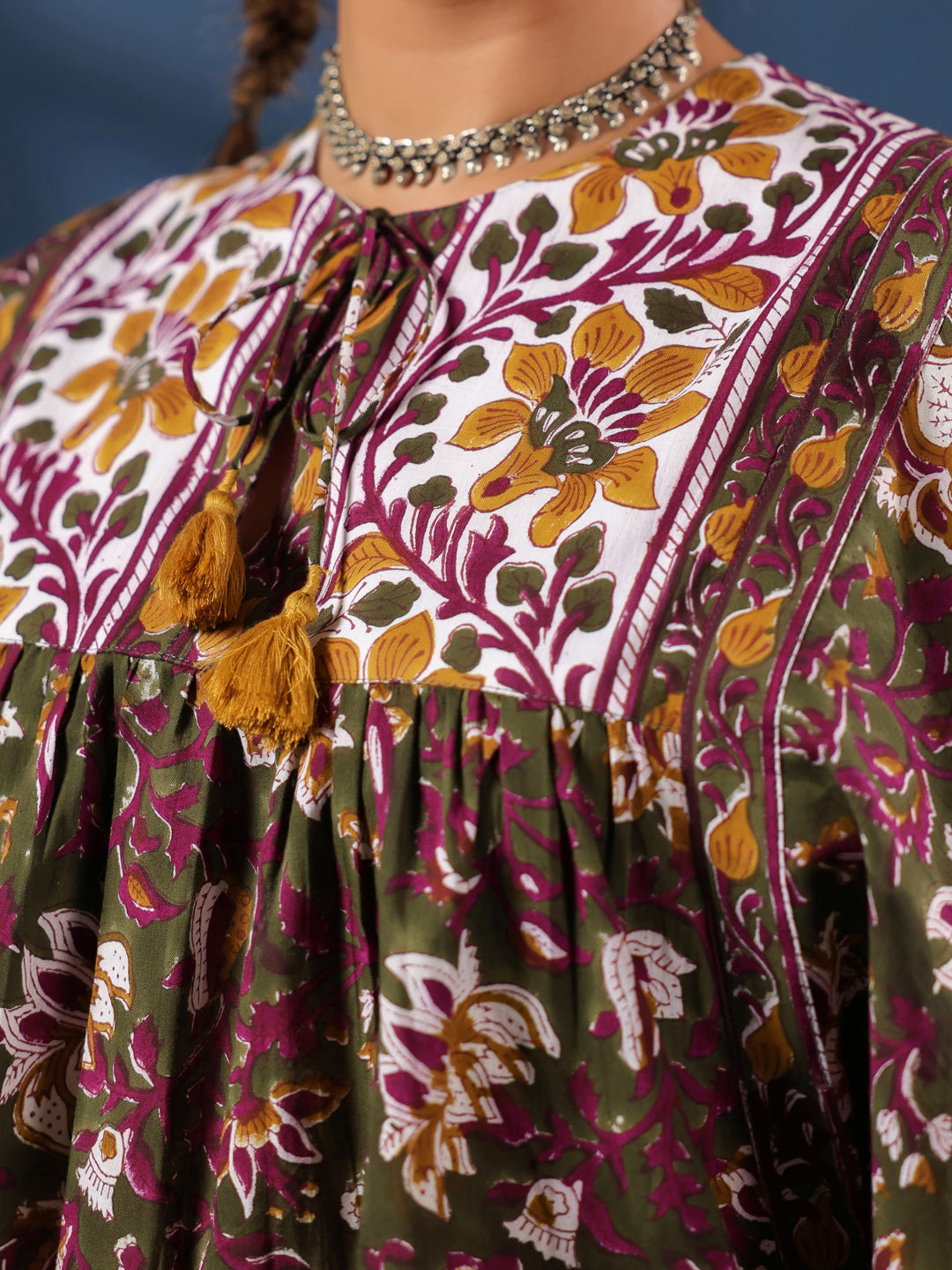 DarkGreen Handblock Printed Boho Volume Sleeves Top