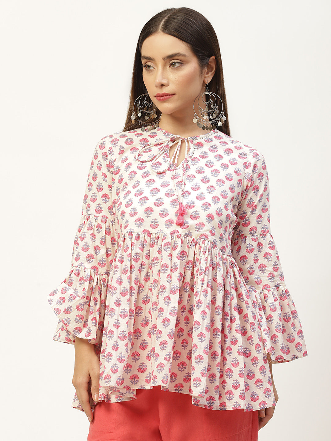 White Print Tie-Up Neck Cotton Cinched Waist Top