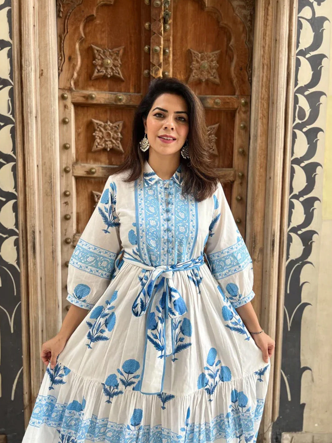 Mughal Print Dress | Sky Blue
