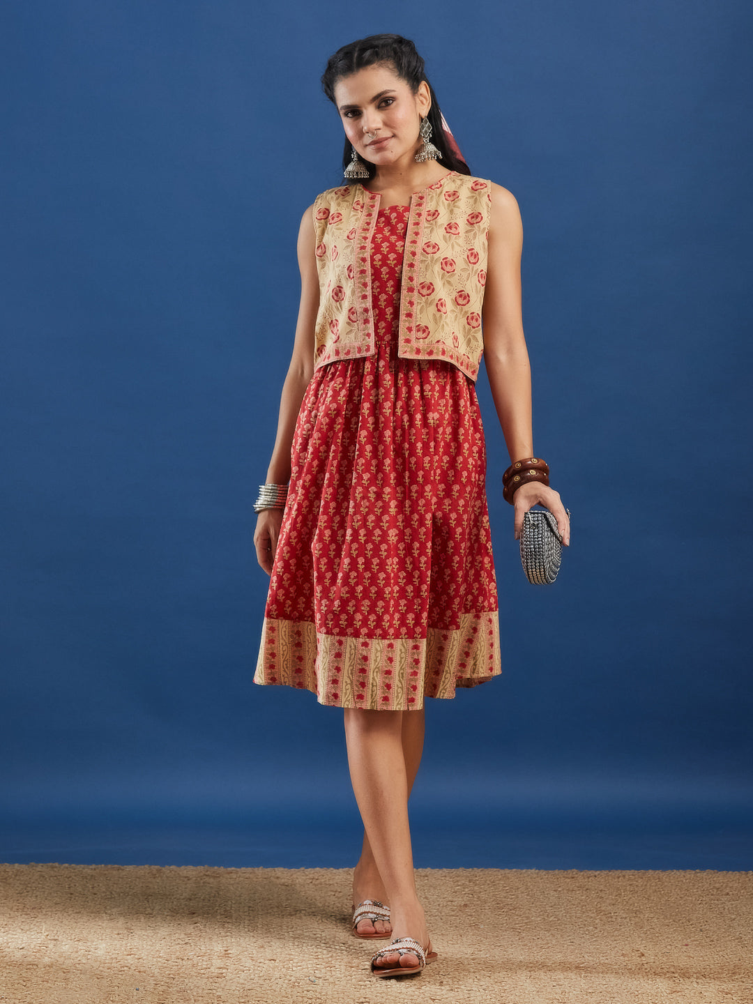 Red Handblock Printed Cotton Dress with Jacket
