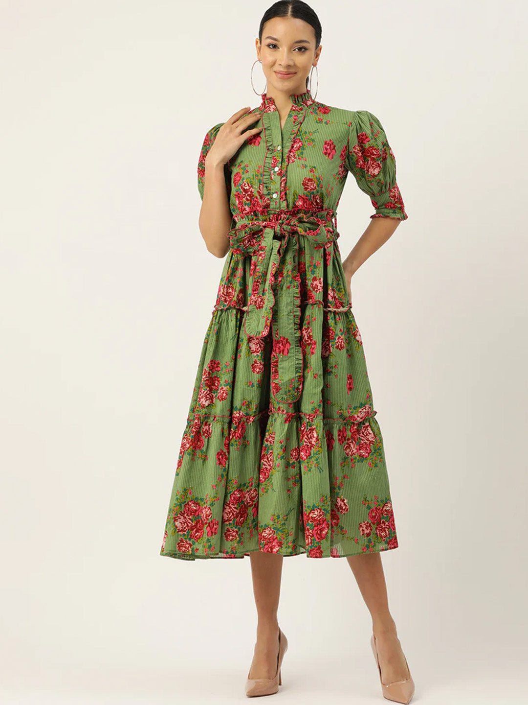 Green Floral Print Puff Sleeve Fit & Flare Midi Dress