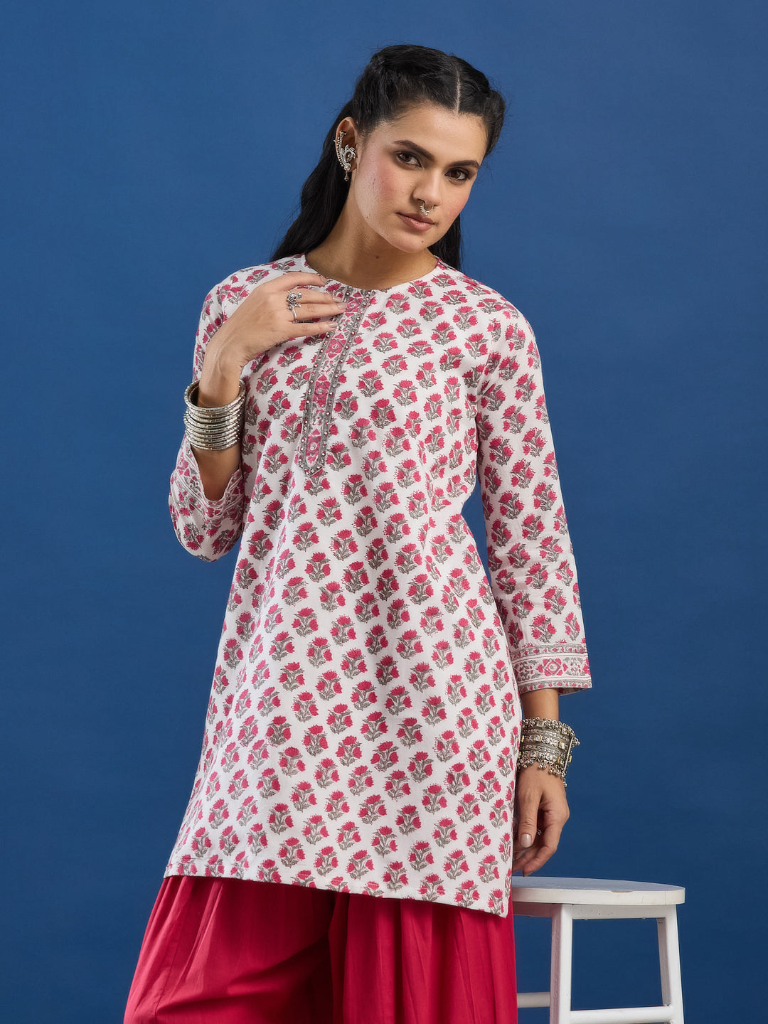 White Floral Hand Block Printed Kurta & Farshi Salwar Set