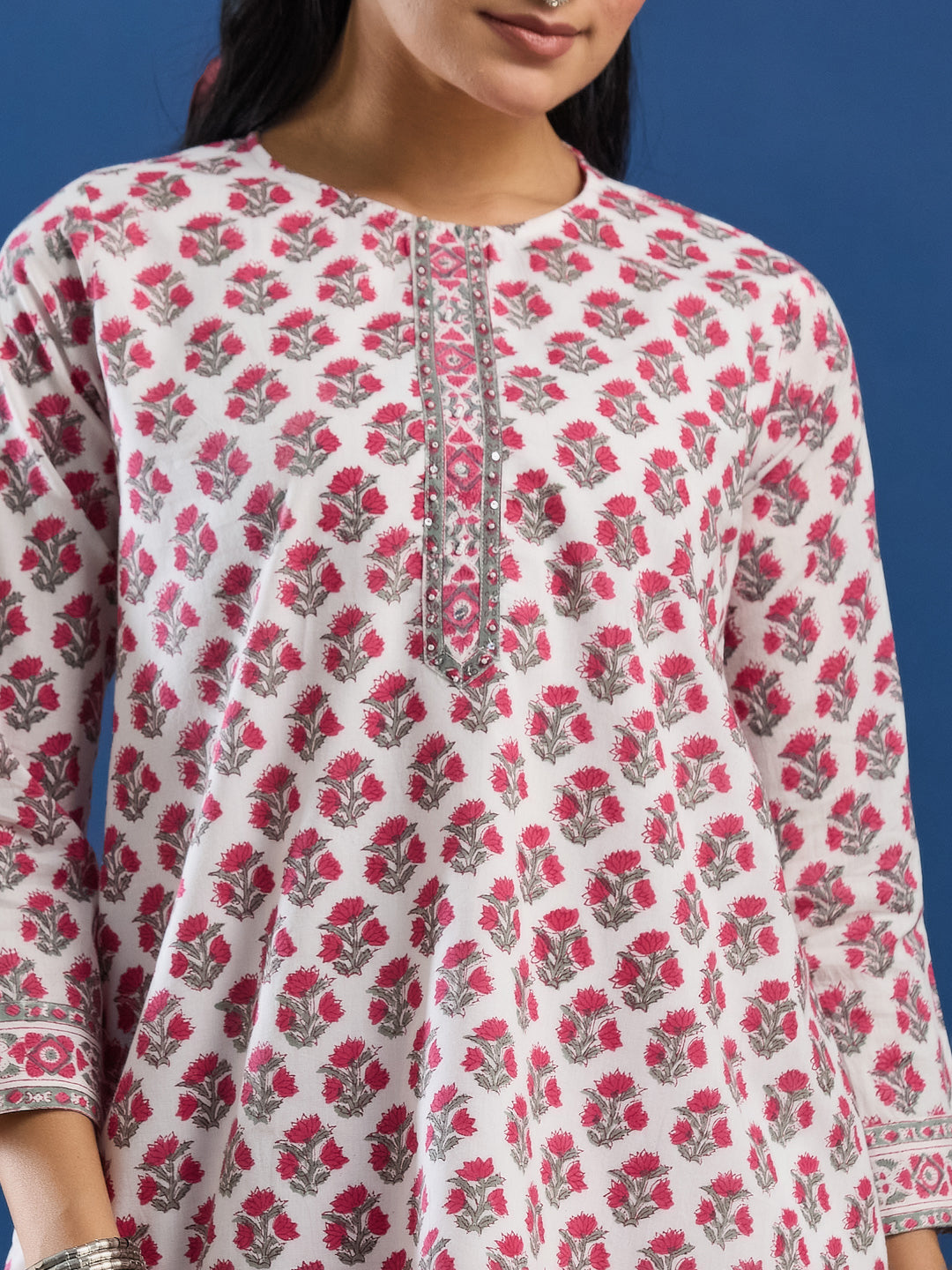 White Floral Hand Block Printed Kurta & Farshi Salwar Set