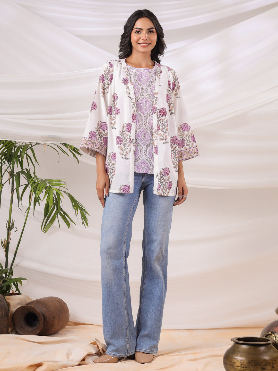 White & Lavender Handblock Printed Cotton Inner & Jacket Set