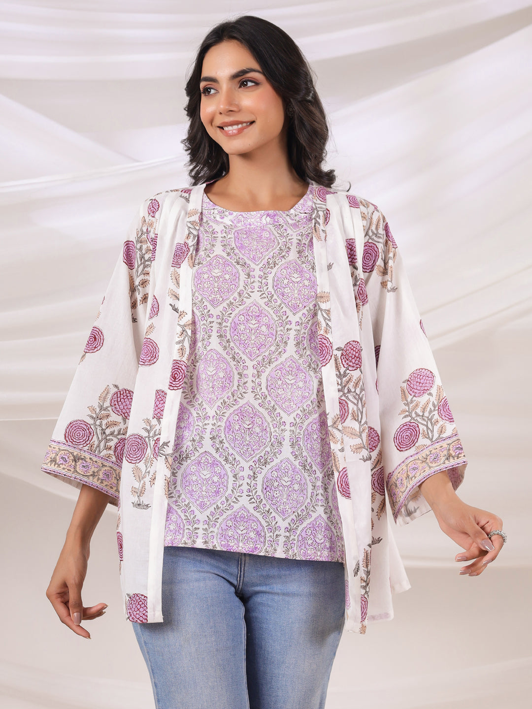 White & Lavender Handblock Printed Cotton Inner & Jacket Set