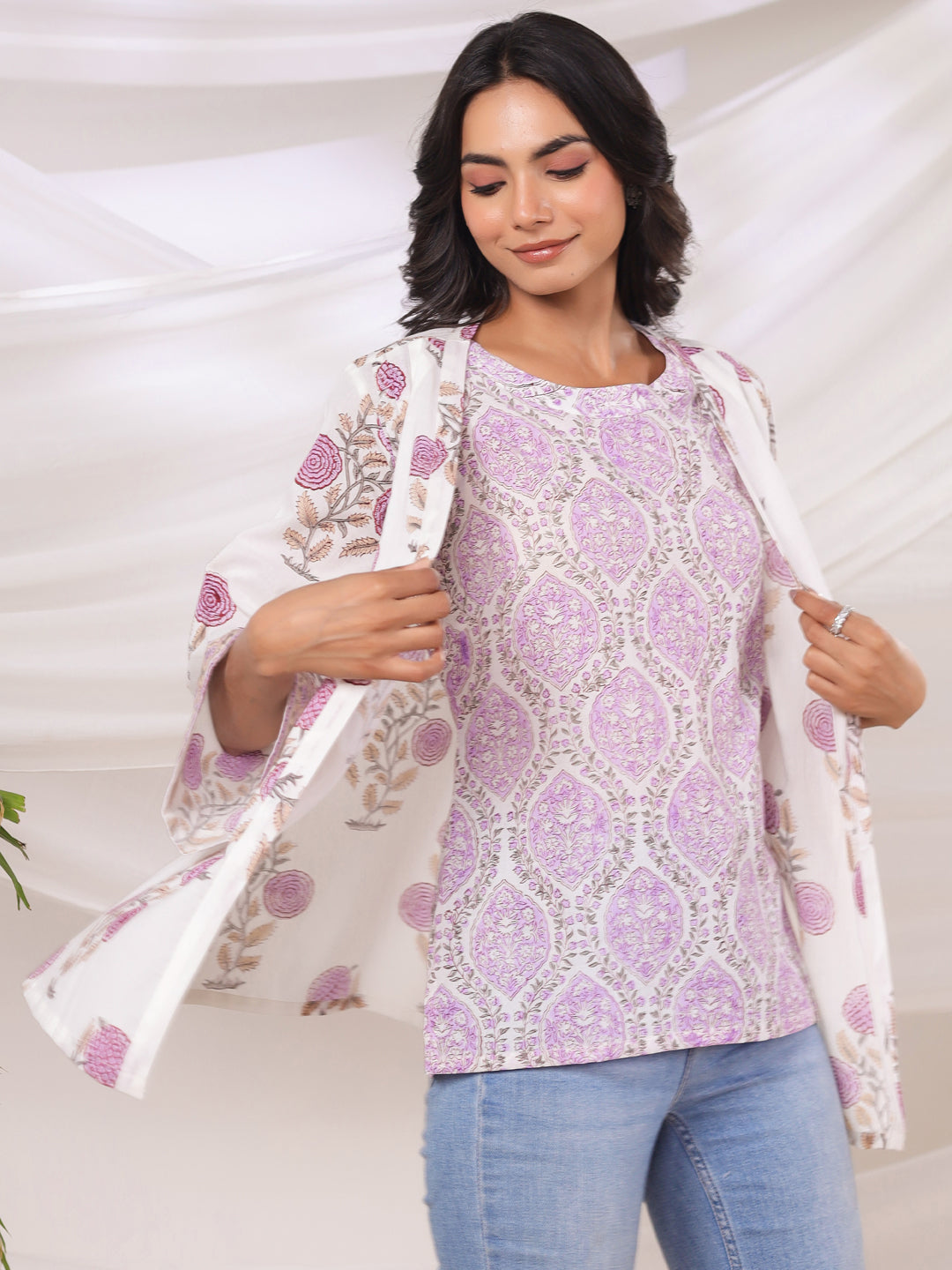 White & Lavender Handblock Printed Cotton Inner & Jacket Set