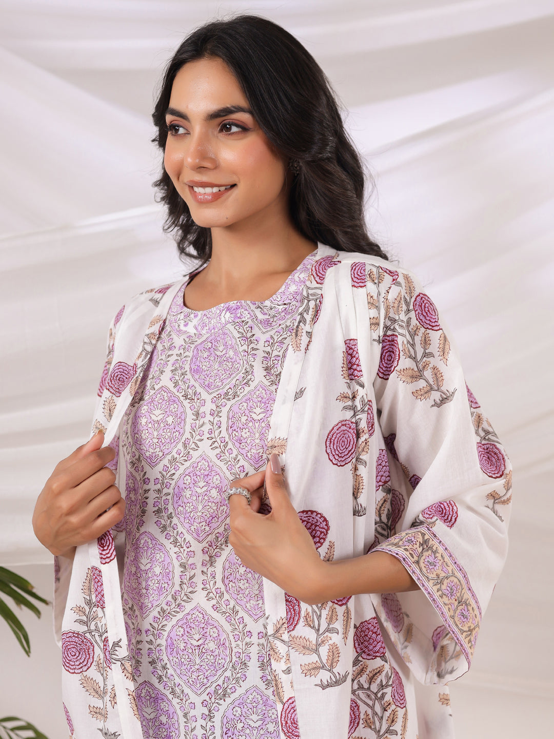 White & Lavender Handblock Printed Cotton Inner & Jacket Set