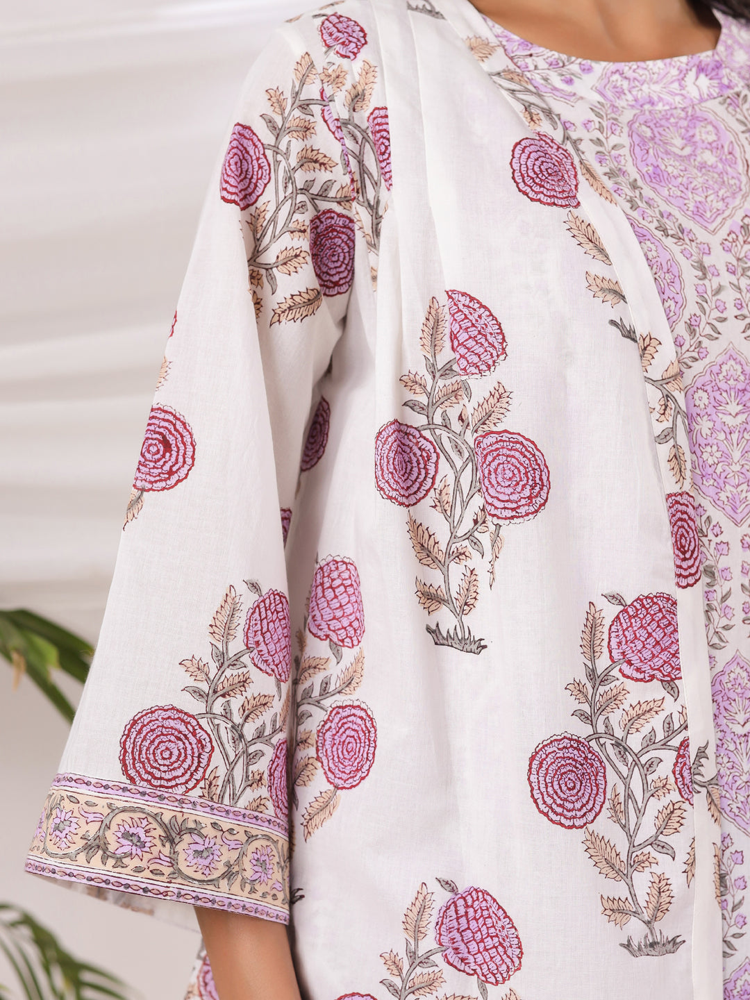 White & Lavender Handblock Printed Cotton Inner & Jacket Set