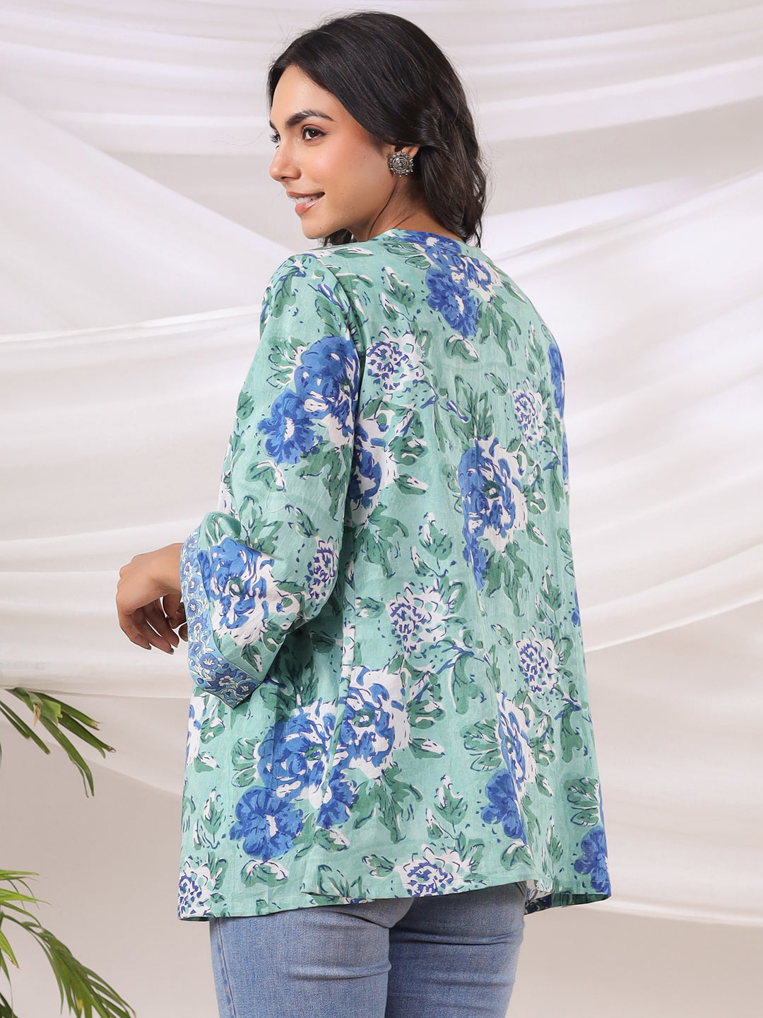Blue & Green Handblock Printed Cotton Inner & Jacket Set