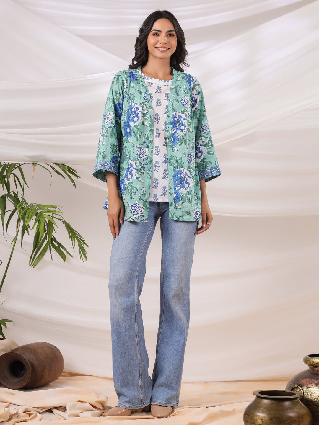 Blue & Green Handblock Printed Cotton Inner & Jacket Set