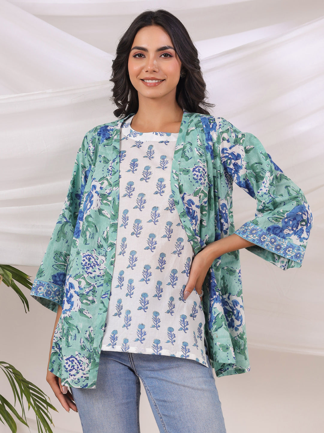 Blue & Green Handblock Printed Cotton Inner & Jacket Set