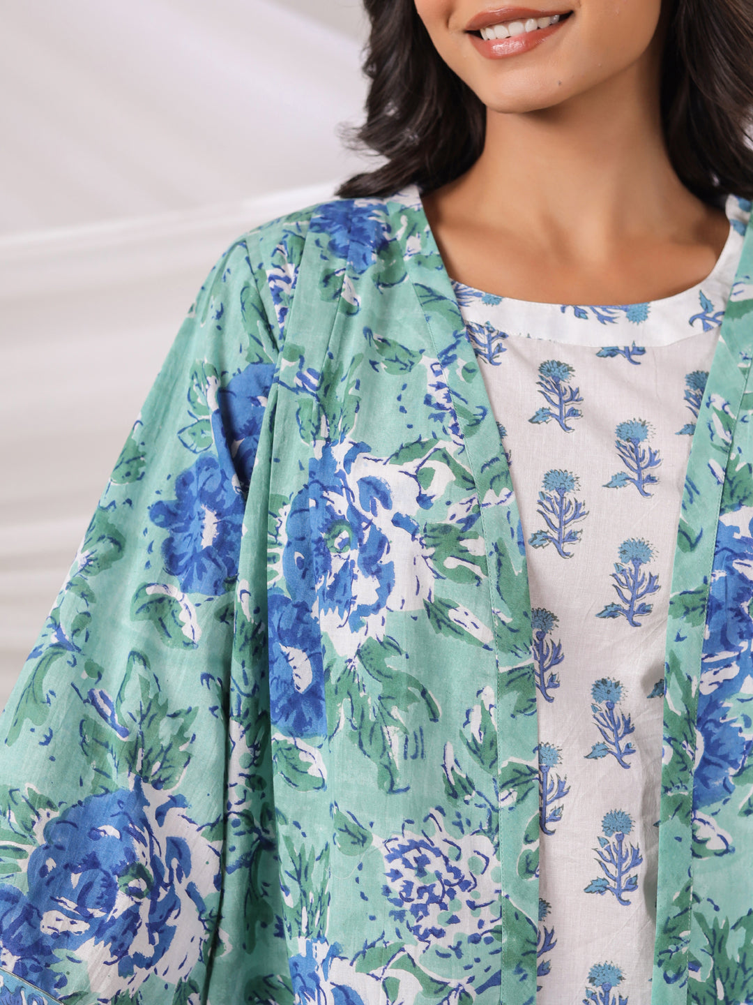 Blue & Green Handblock Printed Cotton Inner & Jacket Set