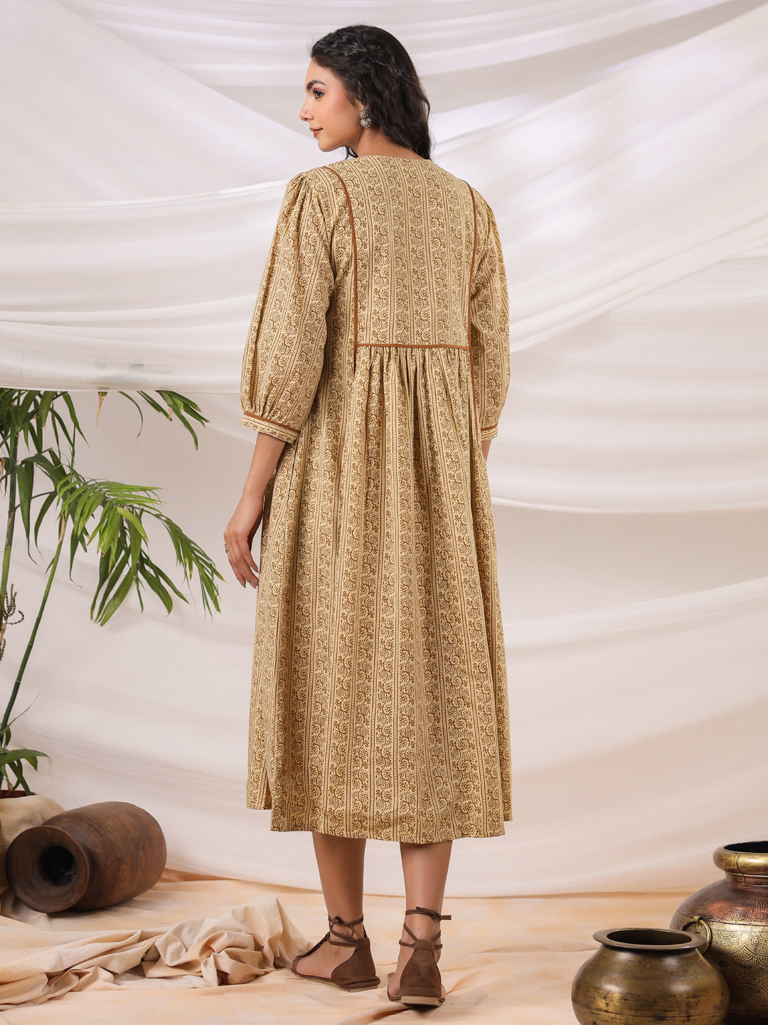 Rust Printed V-neck Dress with lining and Pockets