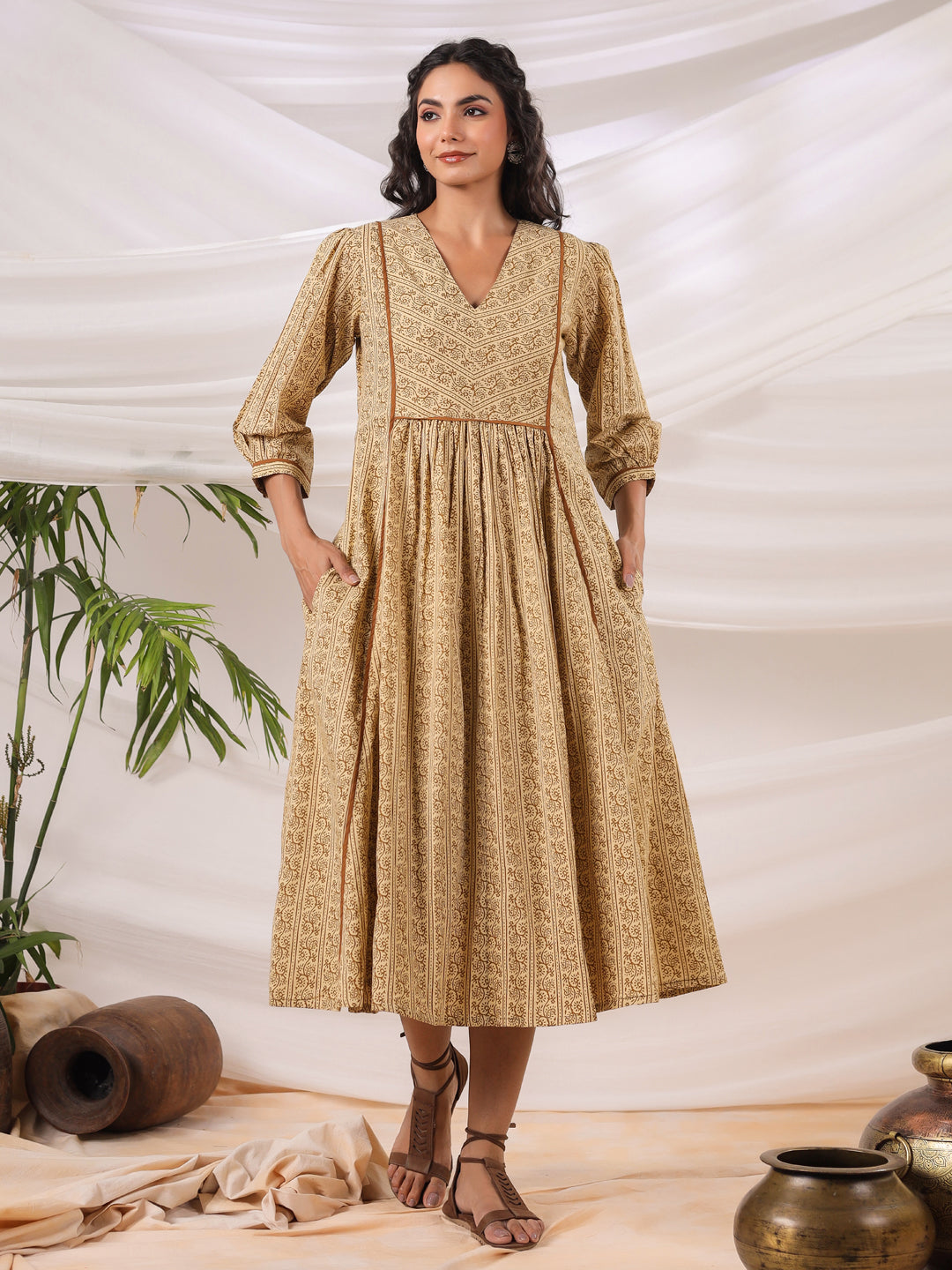Rust Printed V-neck Dress with lining and Pockets