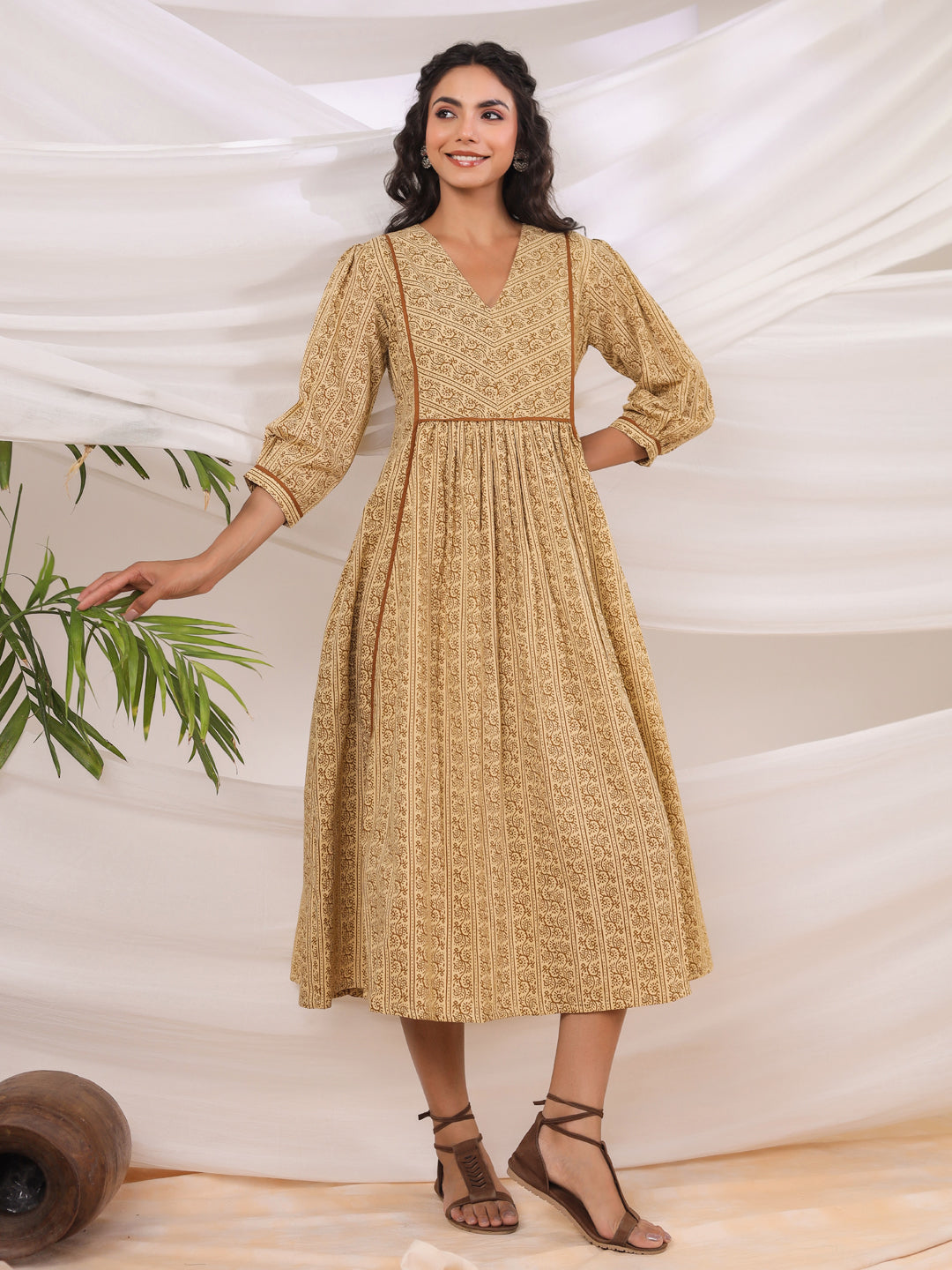 Rust Printed V-neck Dress with lining and Pockets