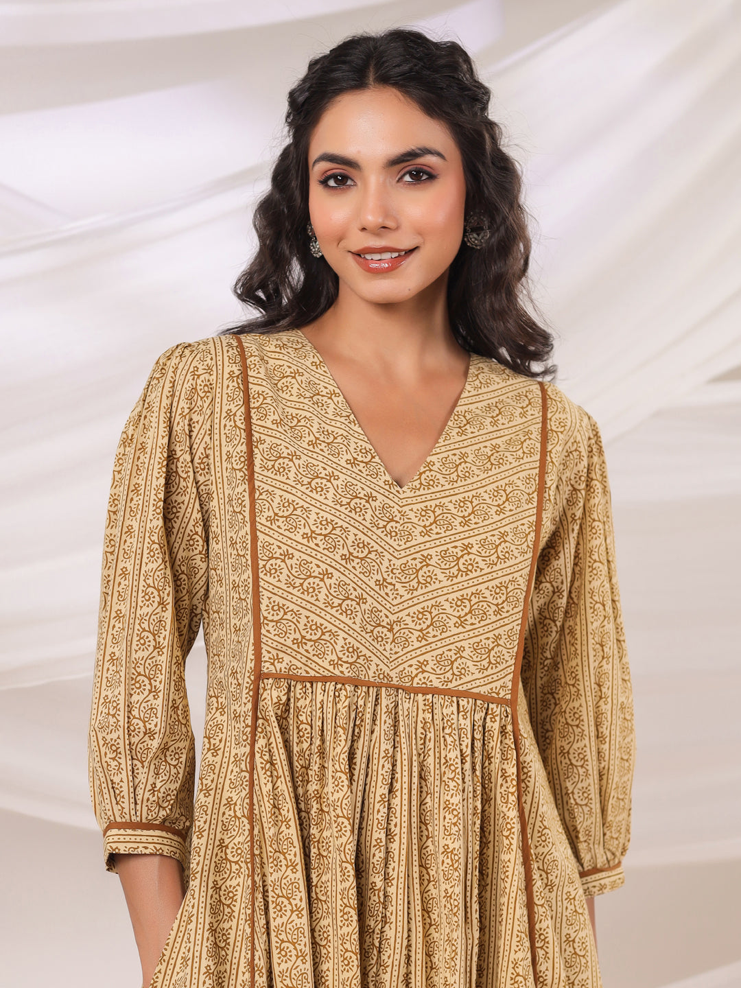 Rust Printed V-neck Dress with lining and Pockets