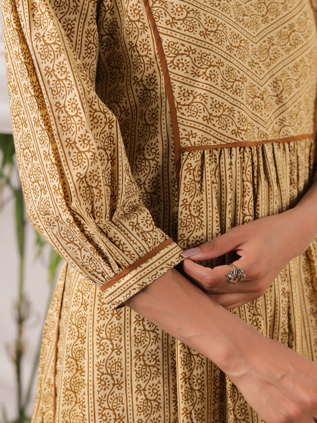 Rust Printed V-neck Dress with lining and Pockets
