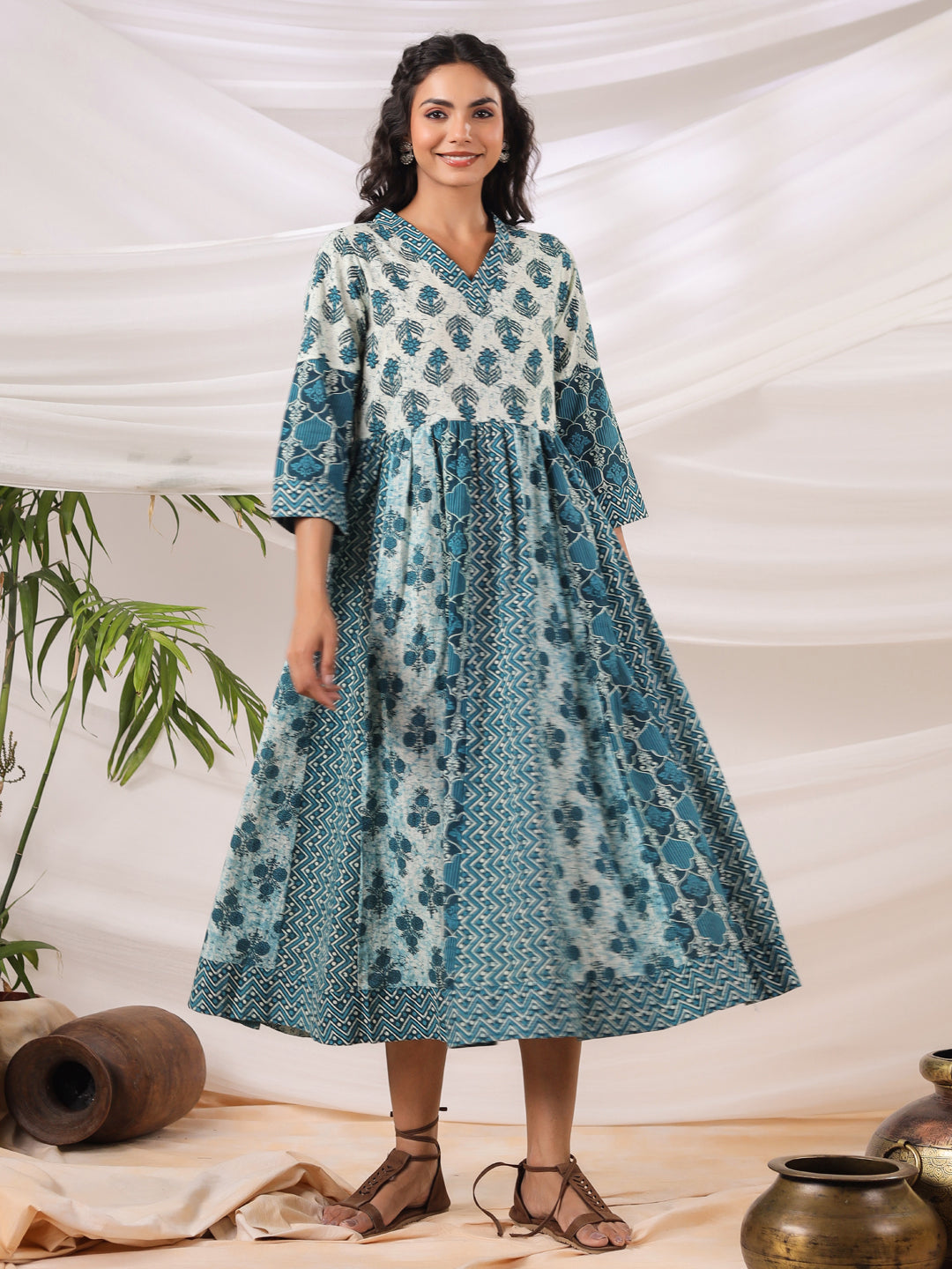 Anokhi Teal Printed Cotton Dress