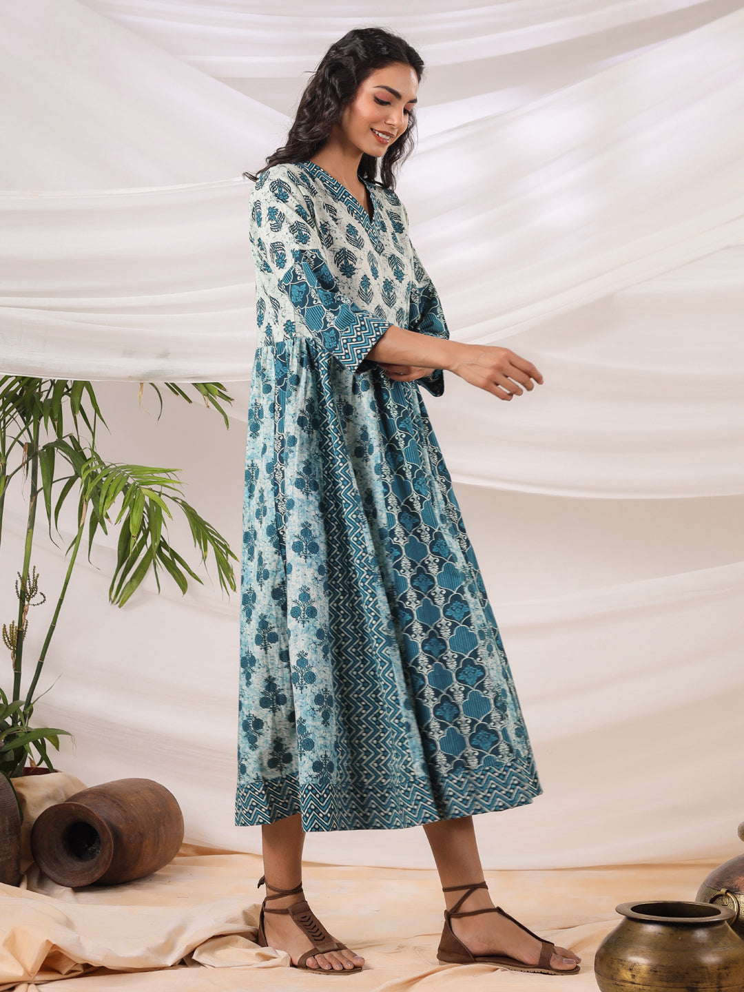 Anokhi Teal Printed Cotton Dress