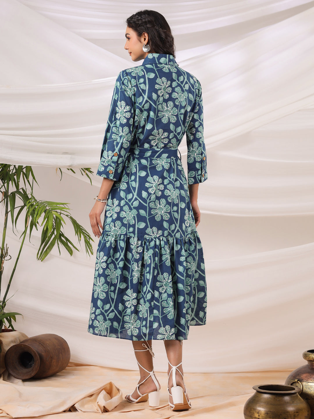 Teal Printed Collared Dress with Pockets