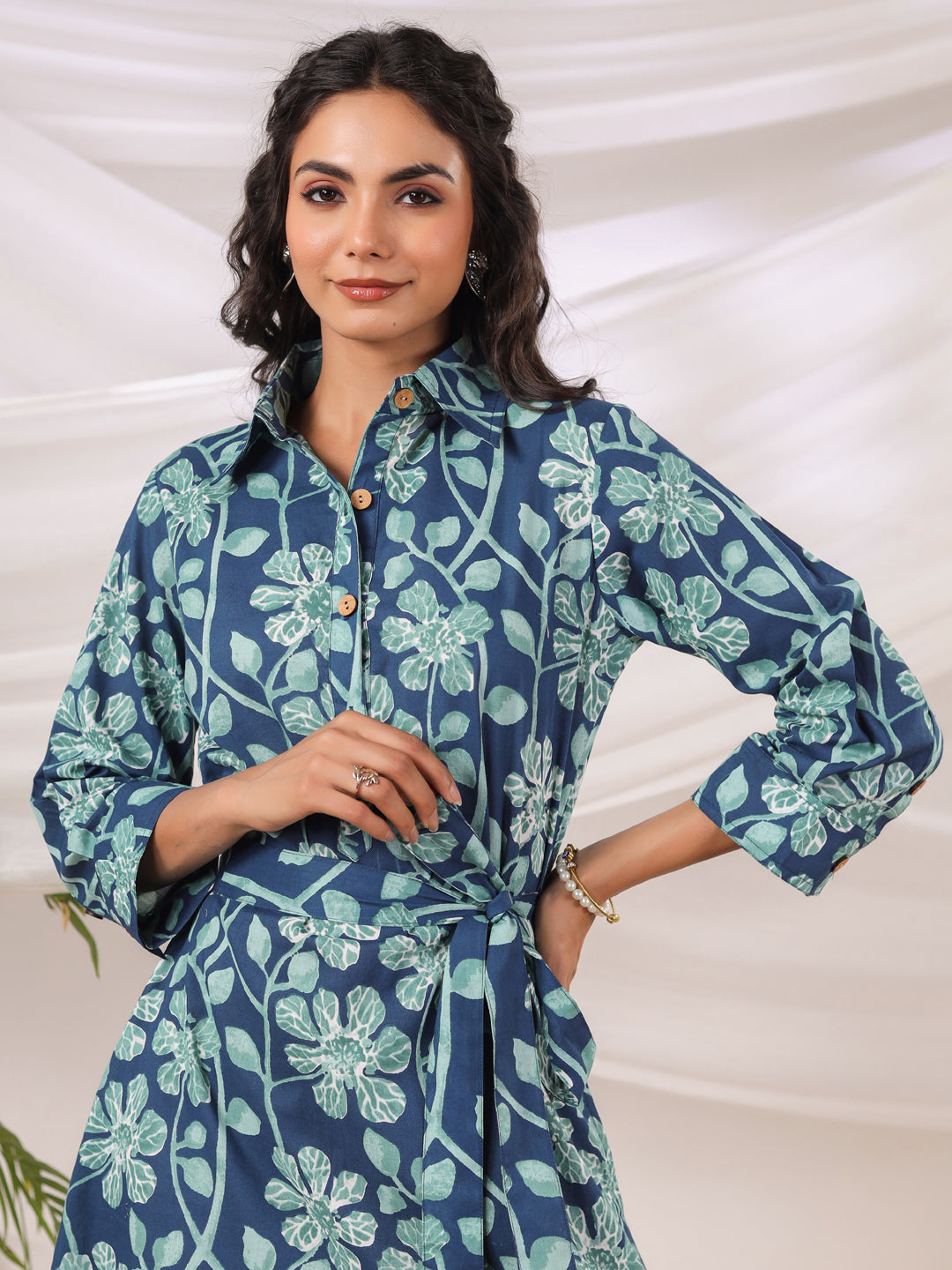 Teal Printed Collared Dress with Pockets