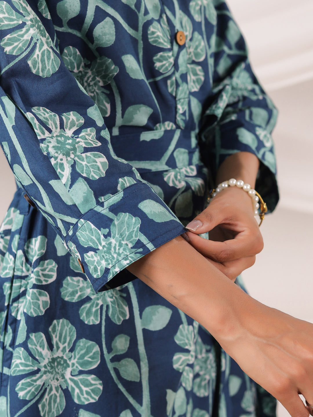 Teal Printed Collared Dress with Pockets