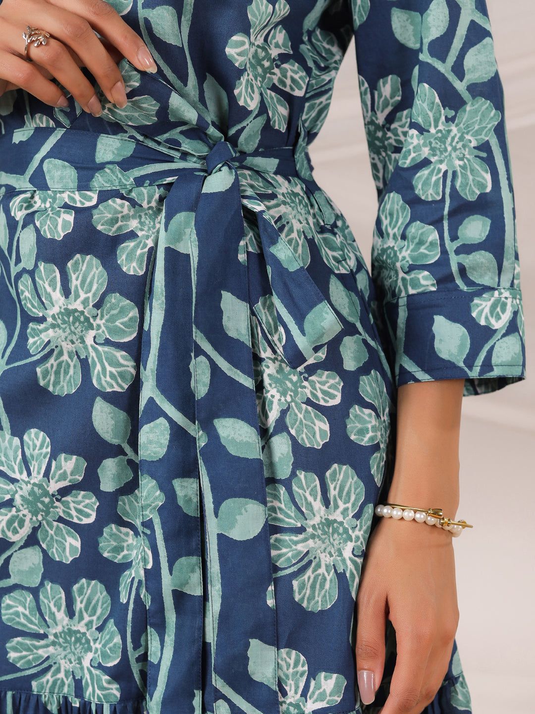 Teal Printed Collared Dress with Pockets
