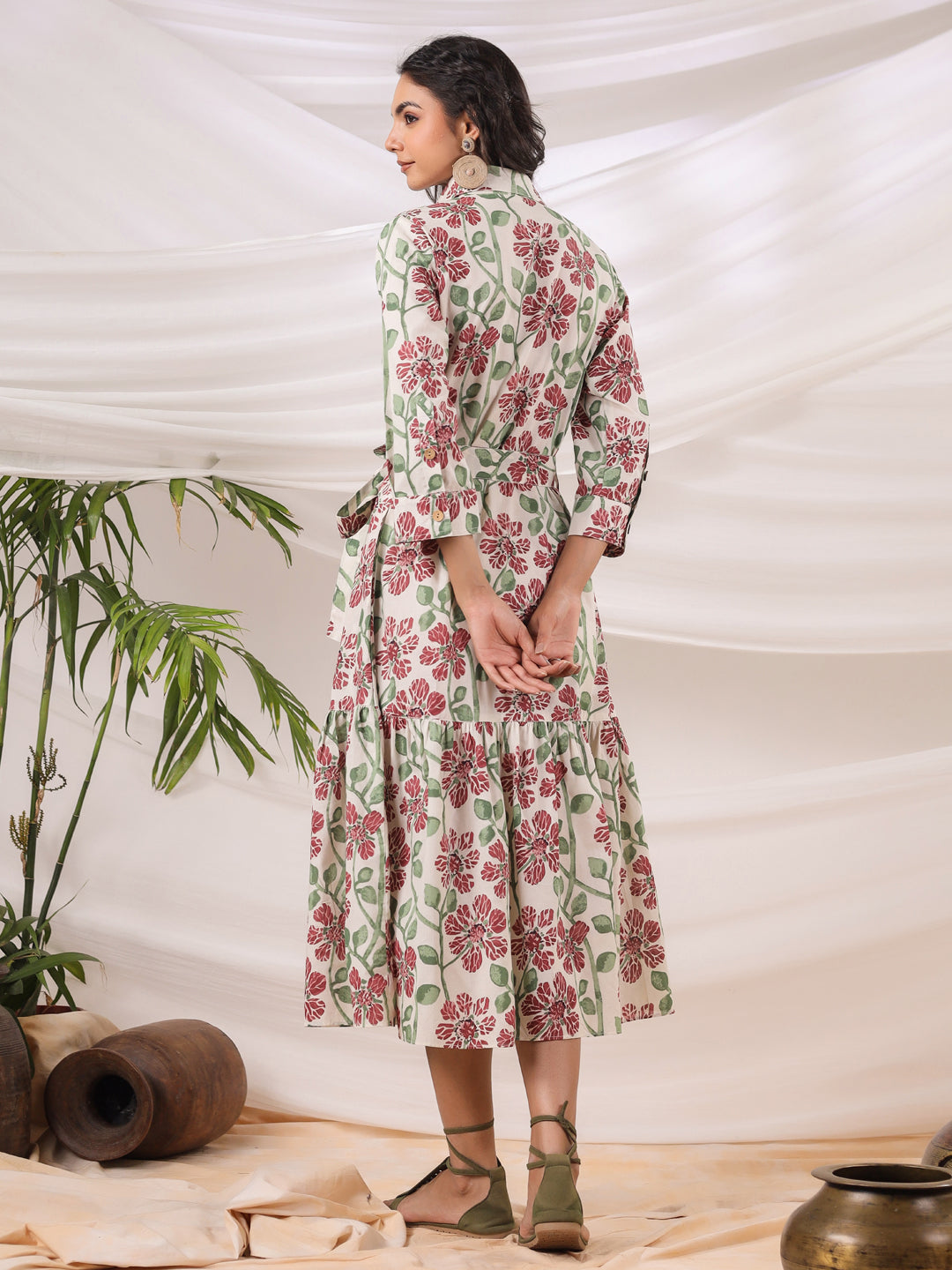 White Printed Collared Dress with Pockets