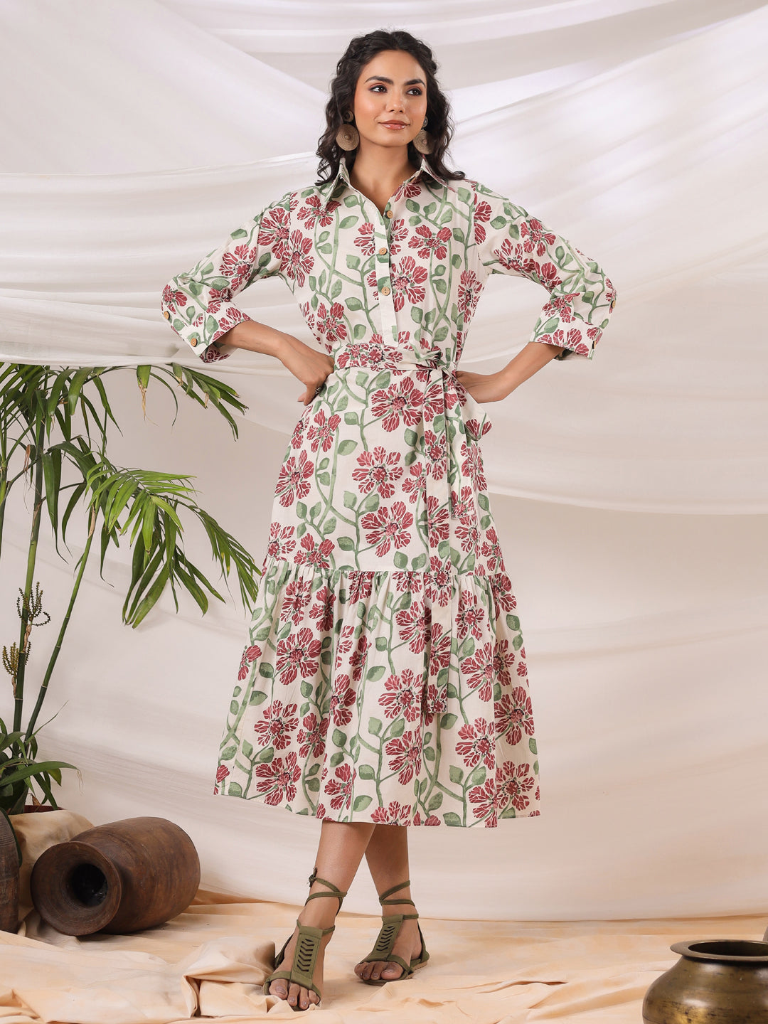 White Printed Collared Dress with Pockets