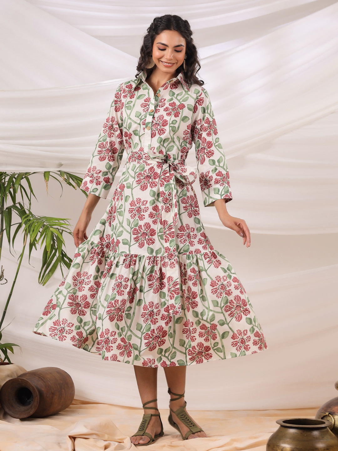 White Printed Collared Dress with Pockets