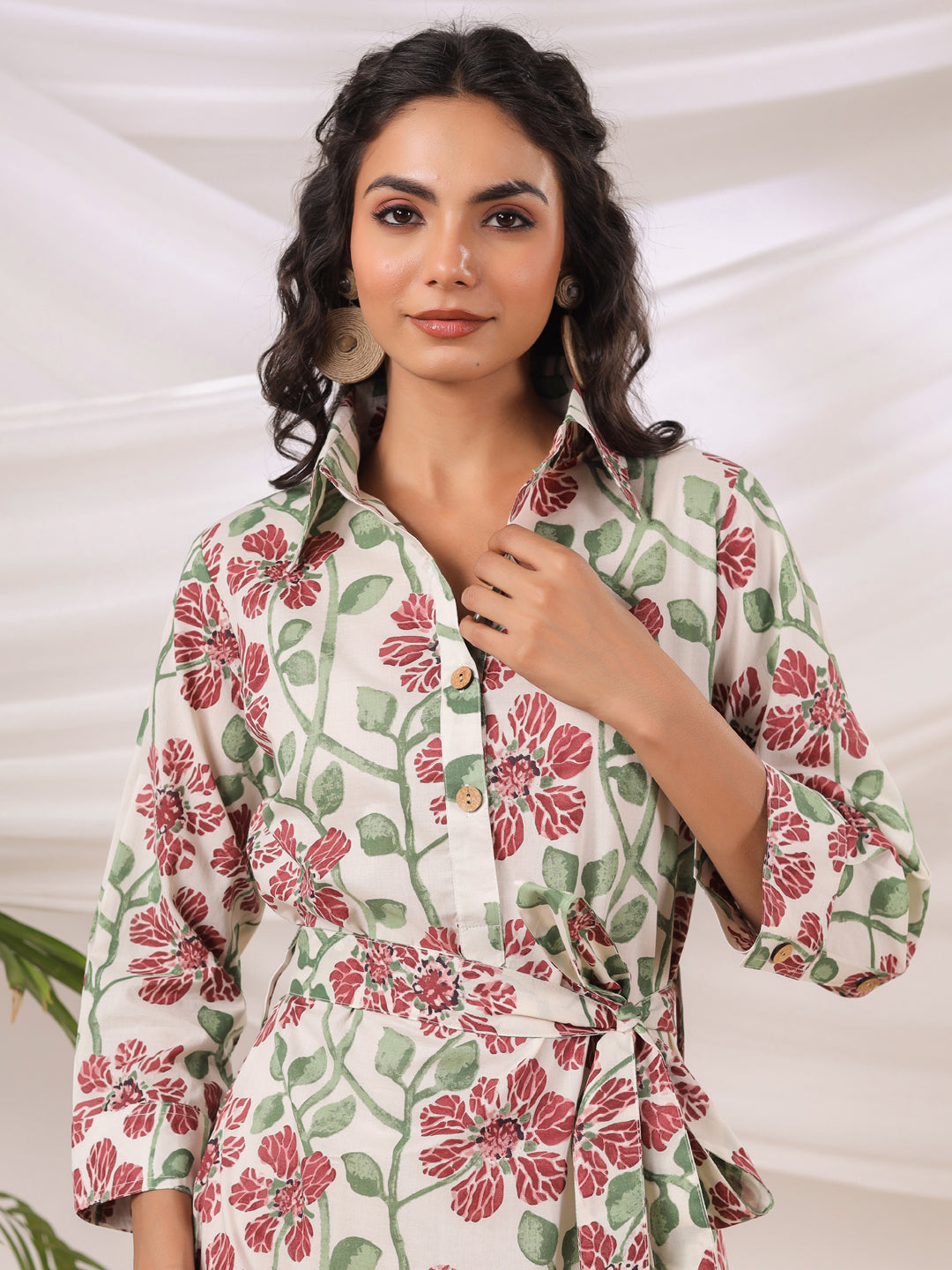 White Printed Collared Dress with Pockets