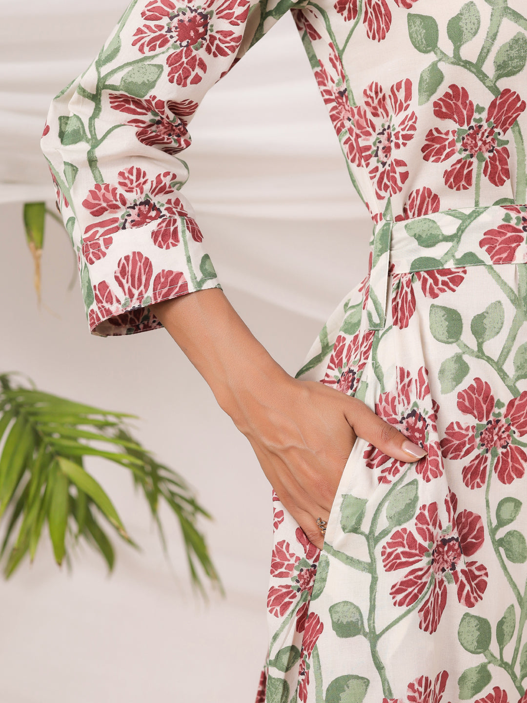 White Printed Collared Dress with Pockets