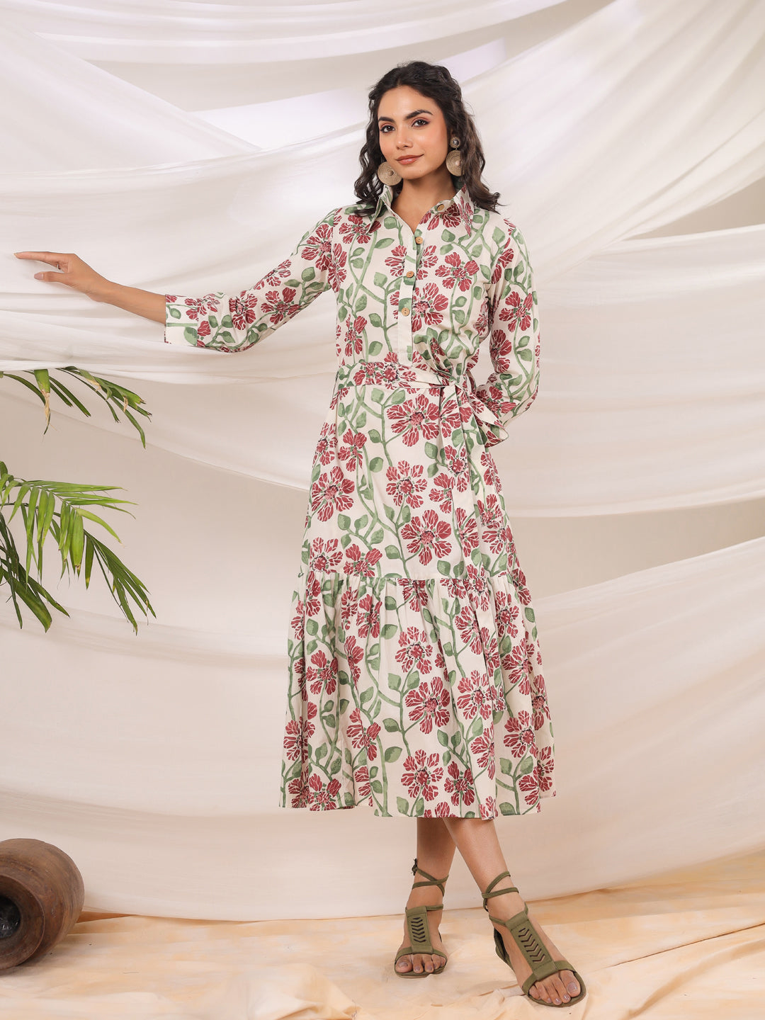 White Printed Collared Dress with Pockets