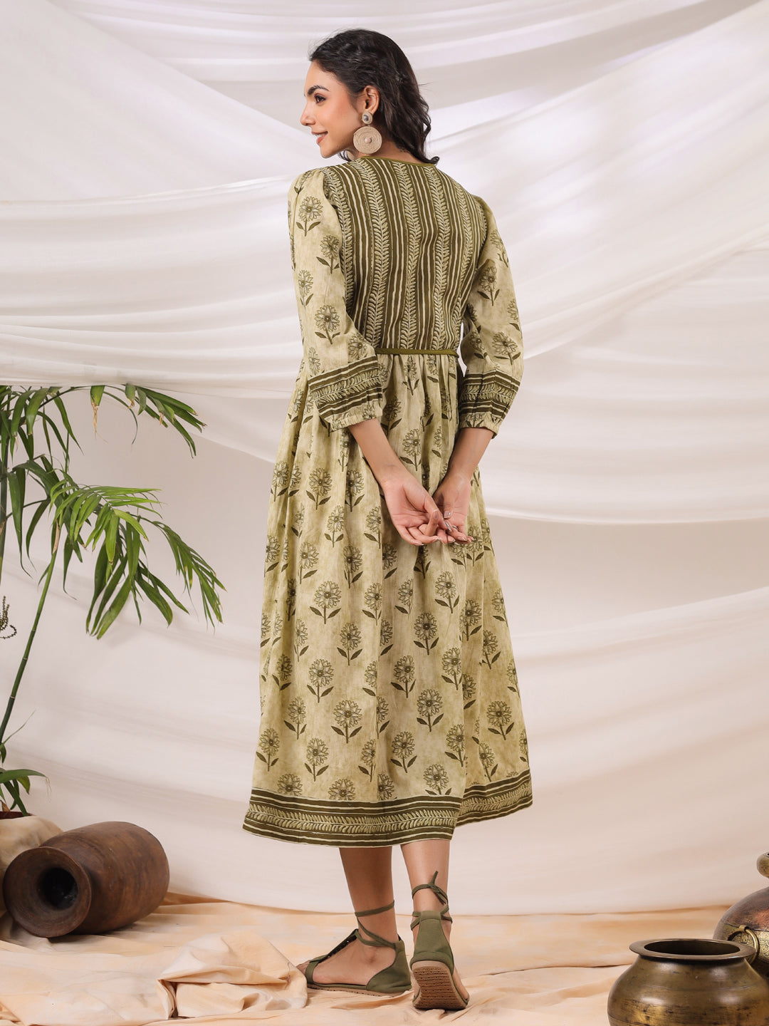 Gul Olive Printed Cotton Dress