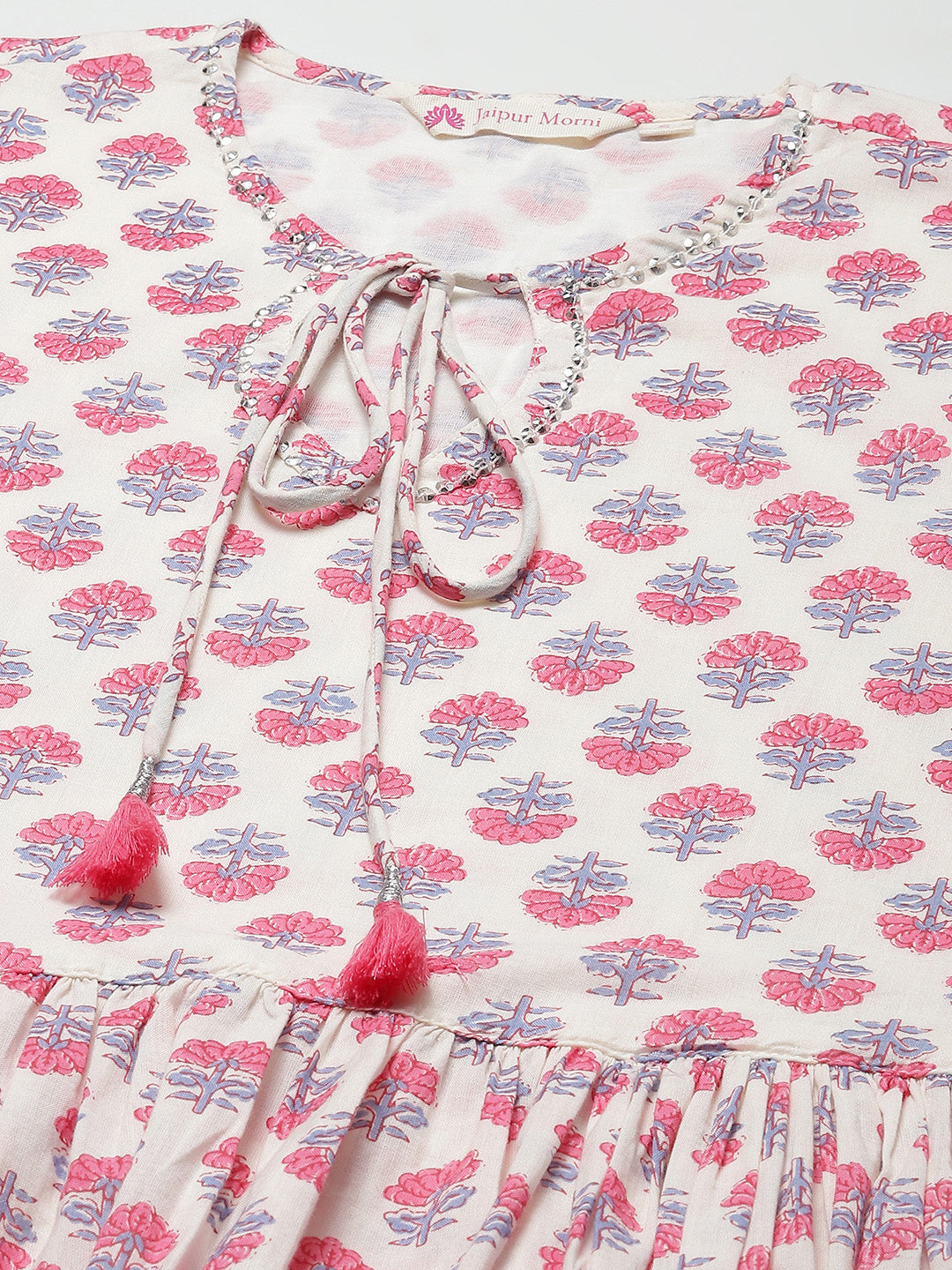 White Print Tie-Up Neck Cotton Cinched Waist Top