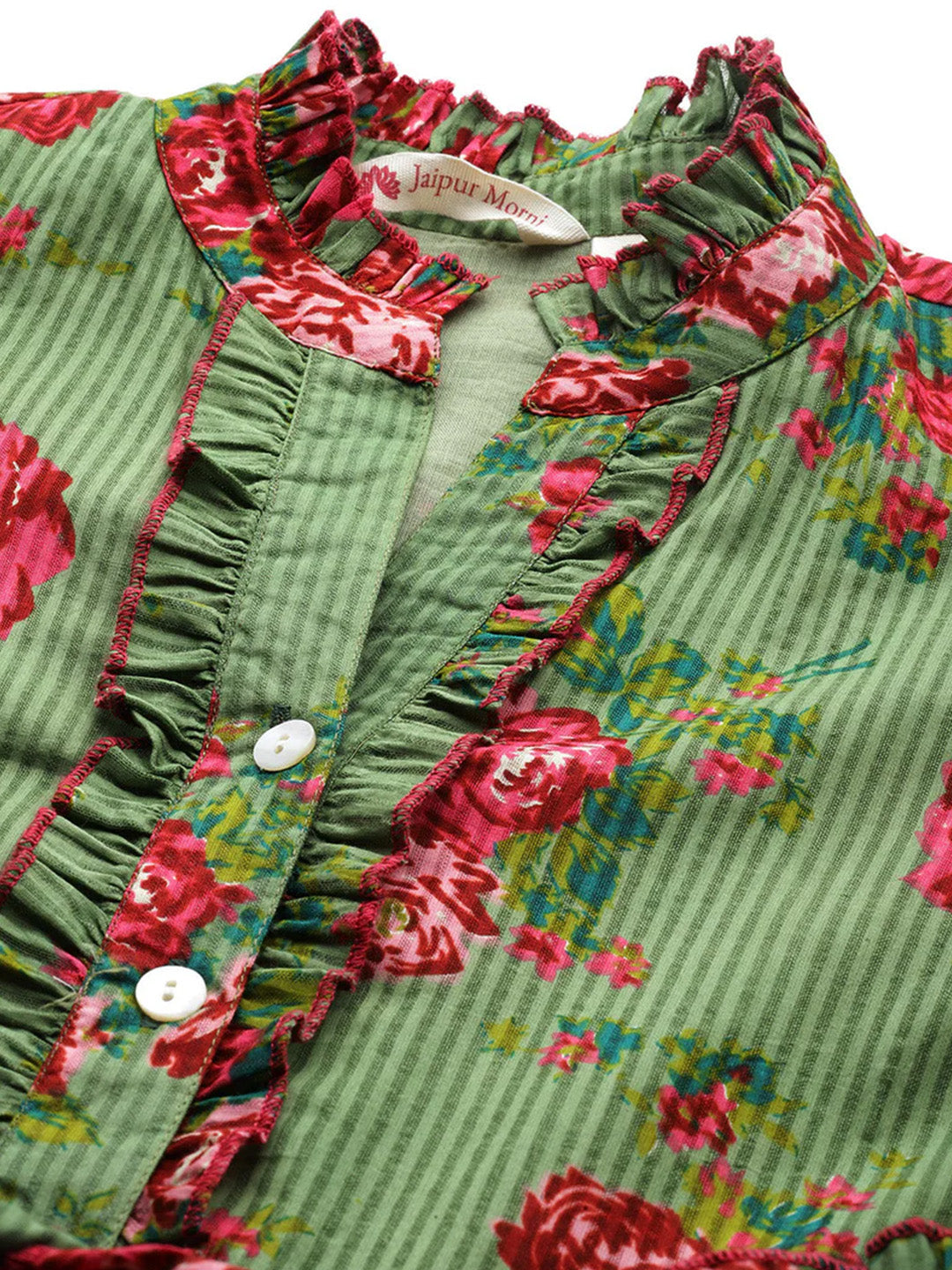 Green Floral Print Puff Sleeve Fit & Flare Midi Dress