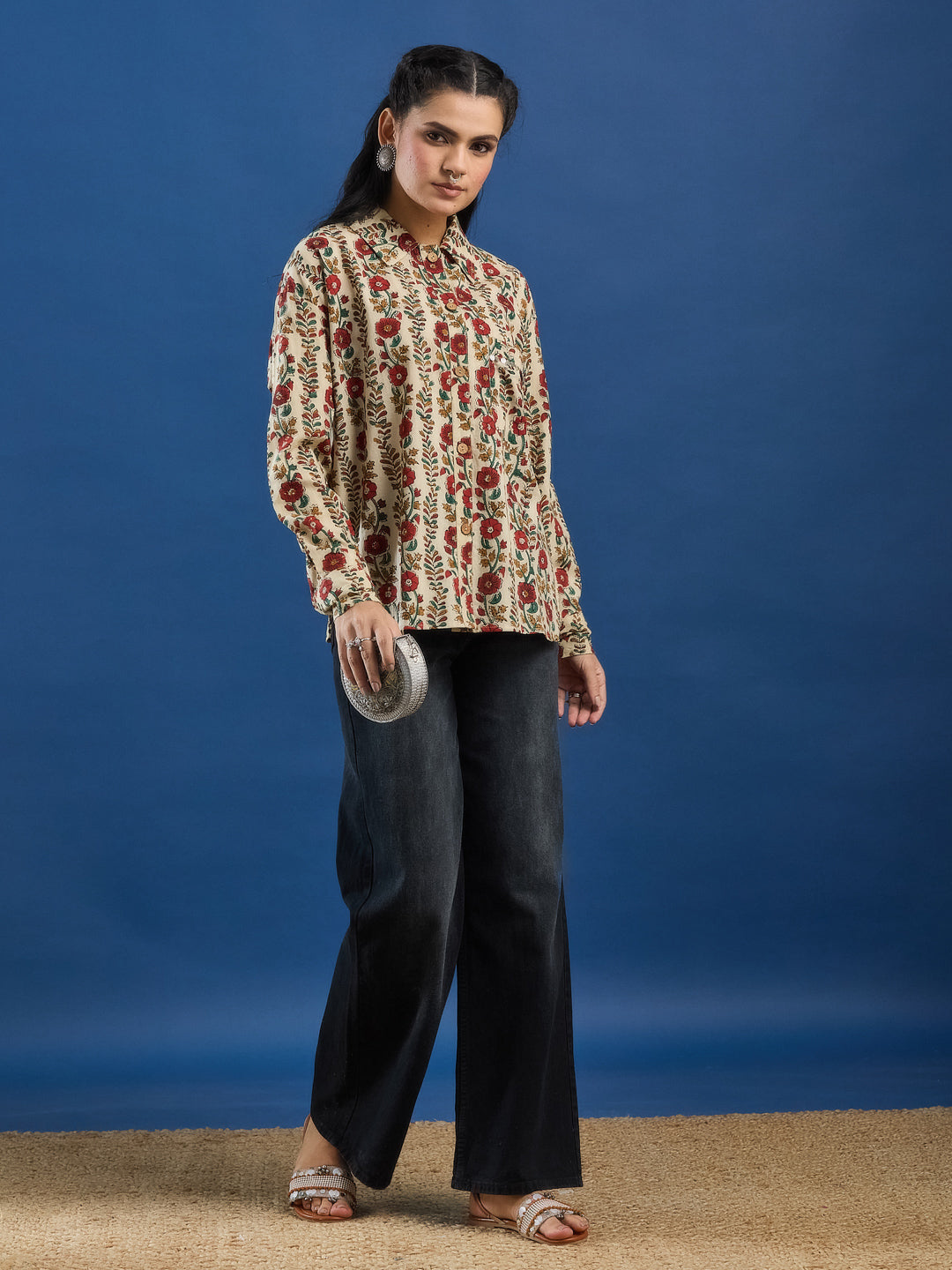 Cream Bagru Handblock Printed Lose Fit Cotton Shirt