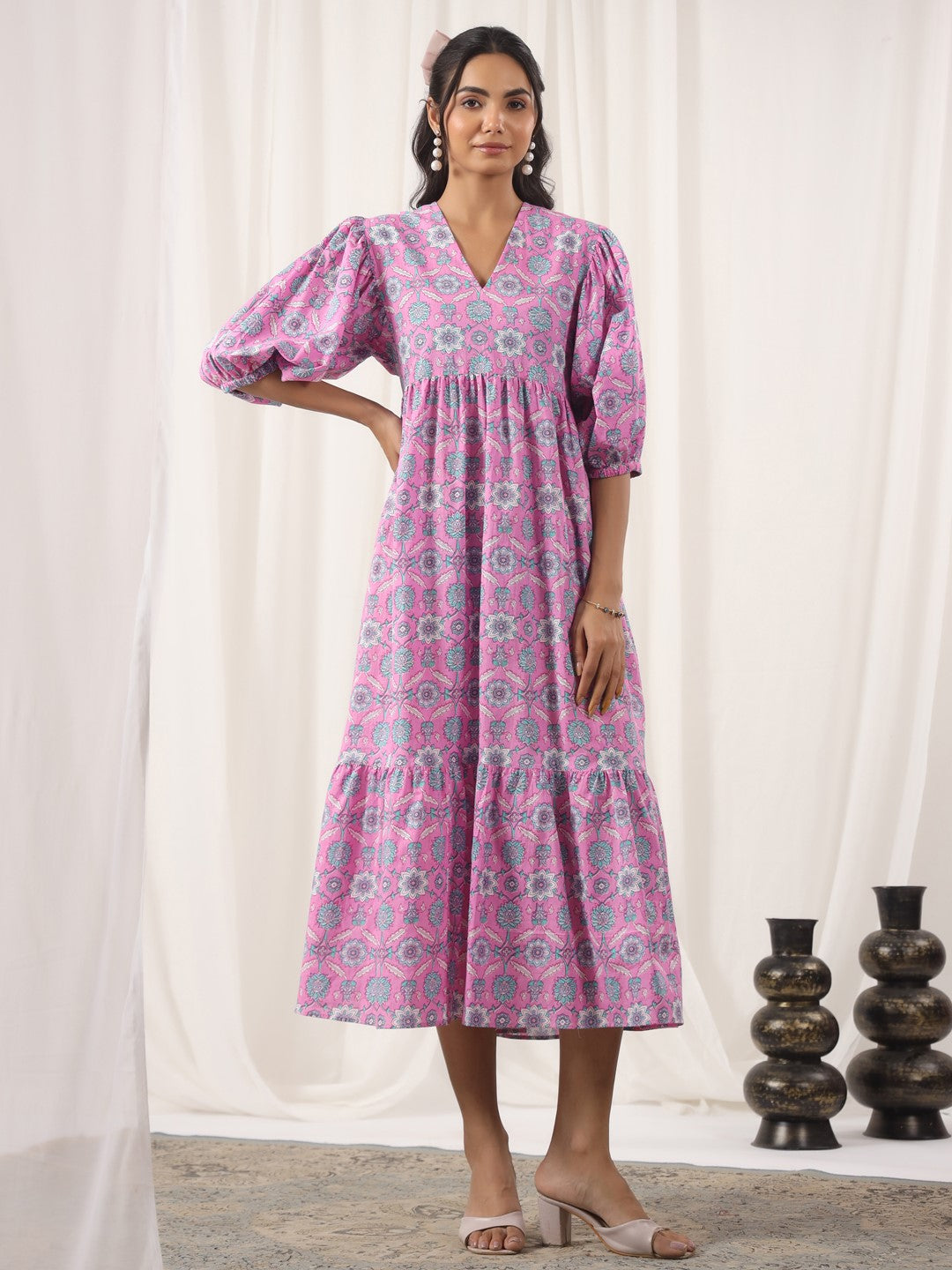 Floral Pink Printed Cotton Dress