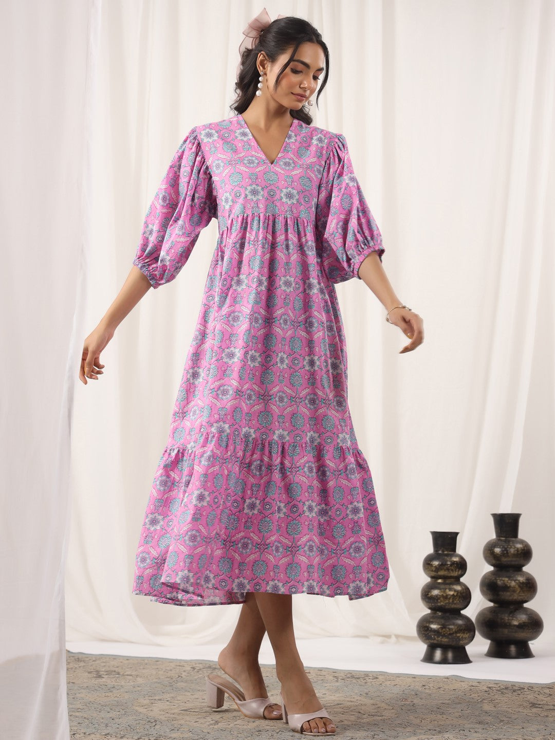 Floral Pink Printed Cotton Dress