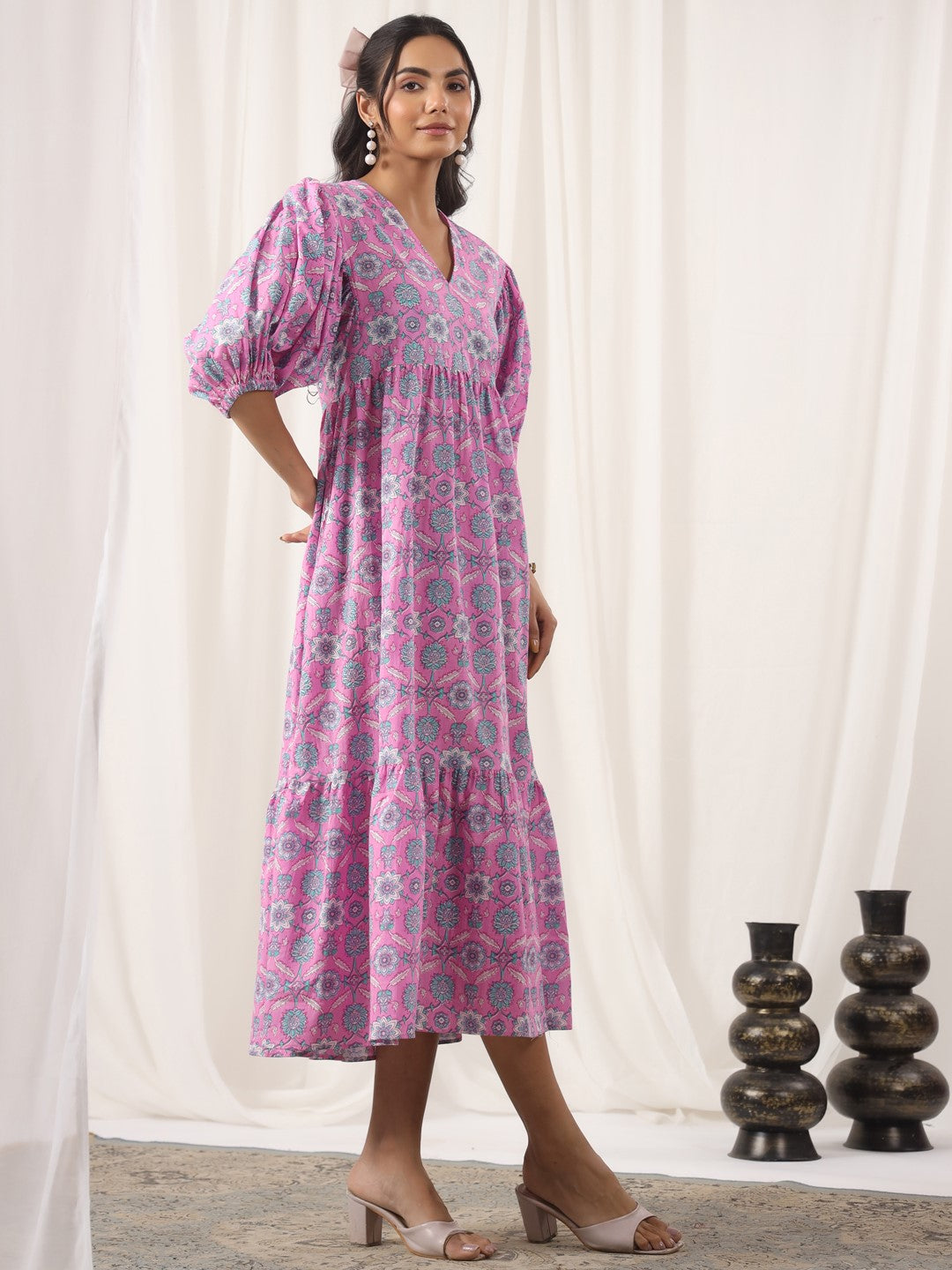 Floral Pink Printed Cotton Dress