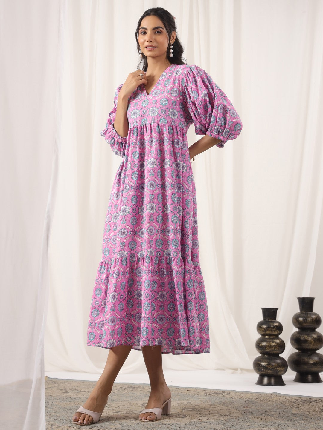 Floral Pink Printed Cotton Dress