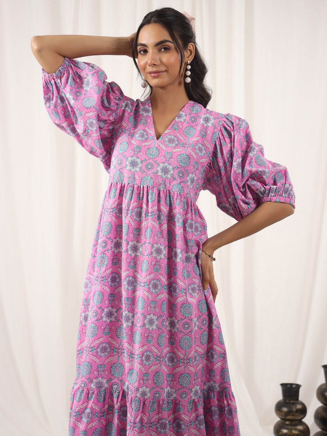 Floral Pink Printed Cotton Dress