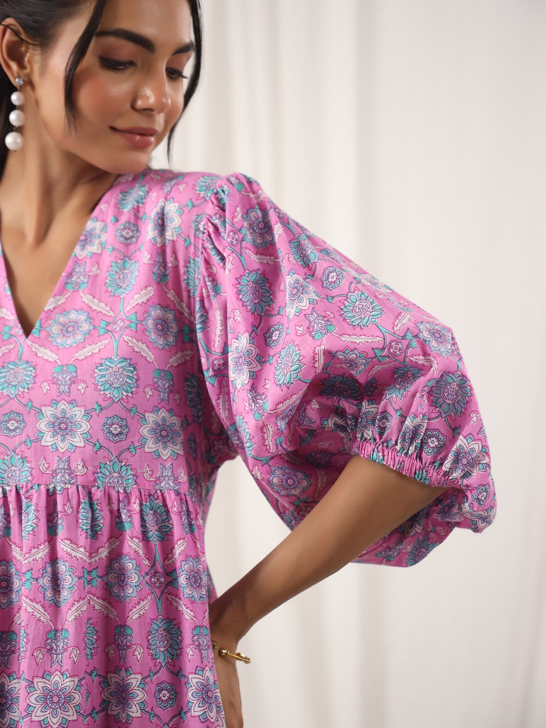 Floral Pink Printed Cotton Dress