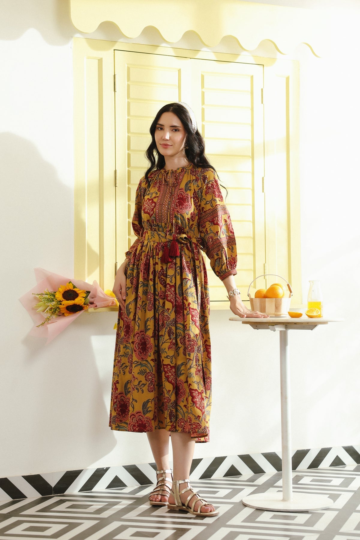 Mustard Vintage Floral Tie-Waist Cotton Dress