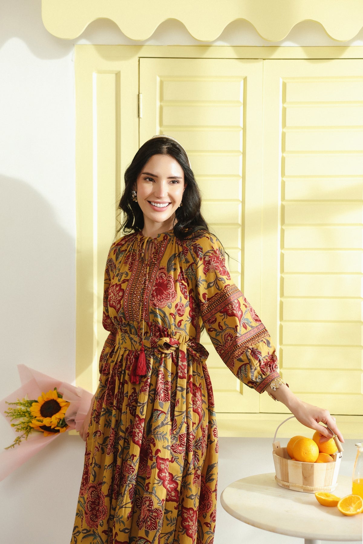 Mustard Vintage Floral Tie-Waist Cotton Dress