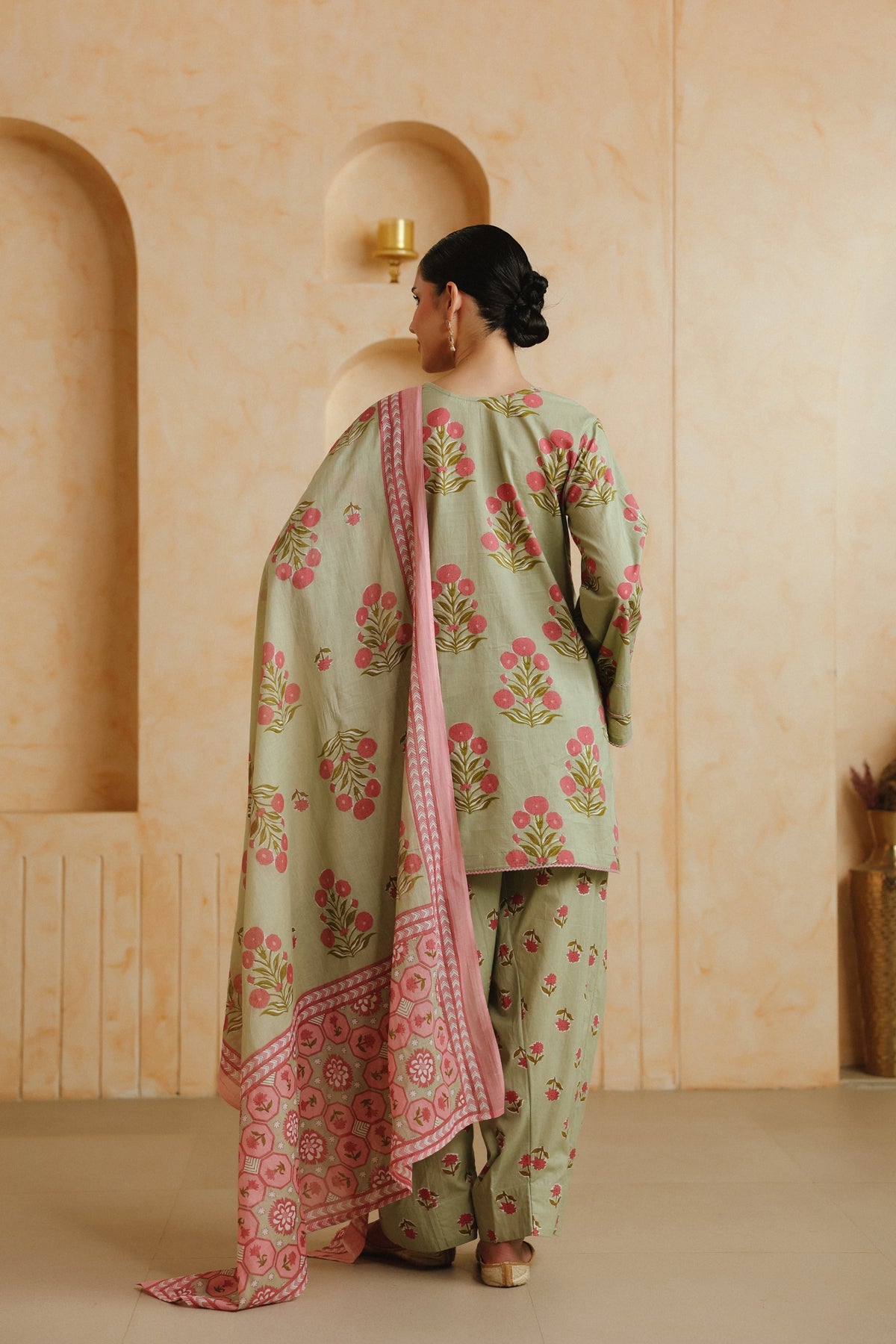 Green Printed Cotton Farshi Kurta, Salwar & Dupatta Set