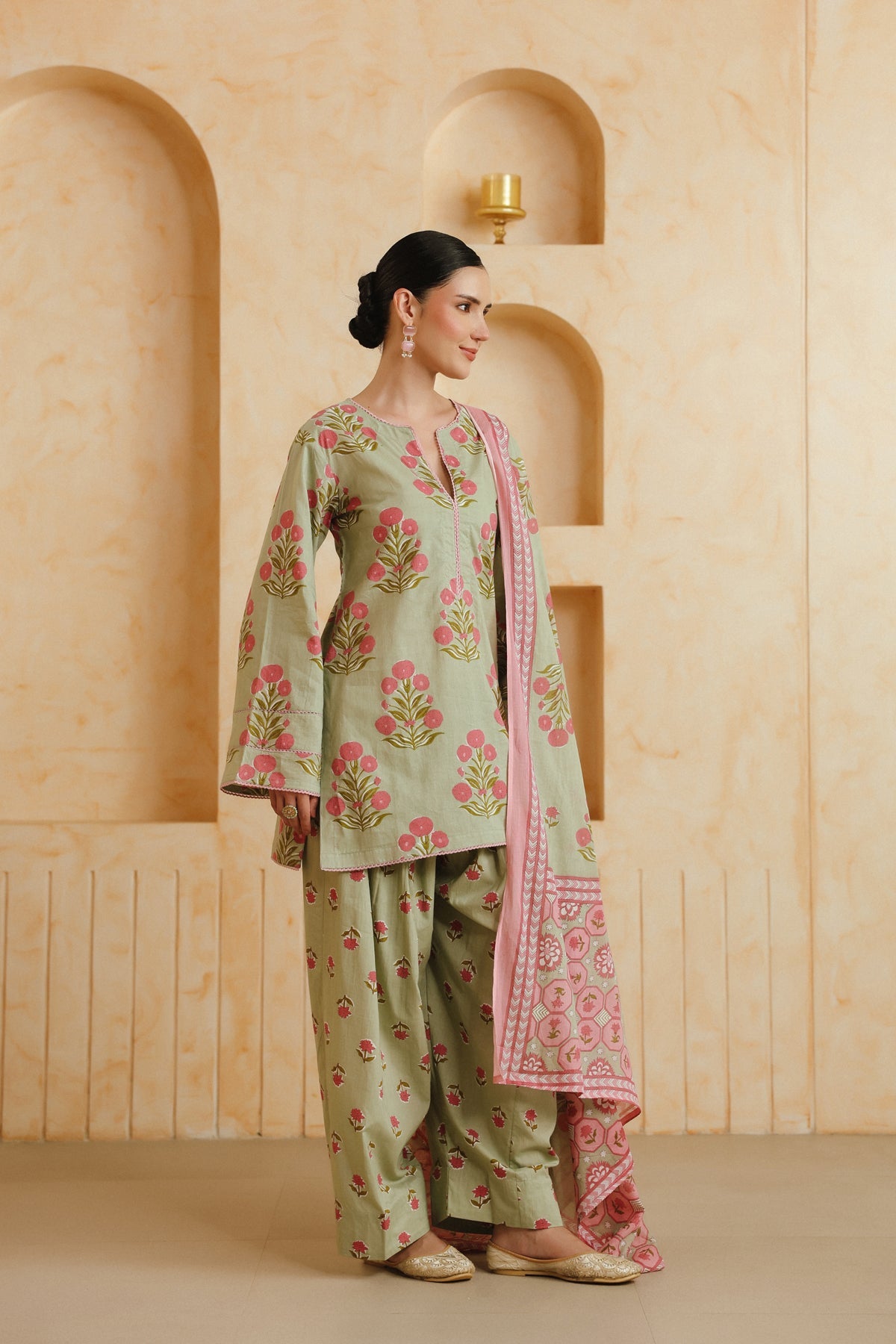 Green Printed Cotton Farshi Kurta, Salwar & Dupatta Set